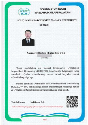 Soliq maslahatchisi malaka sertifikati